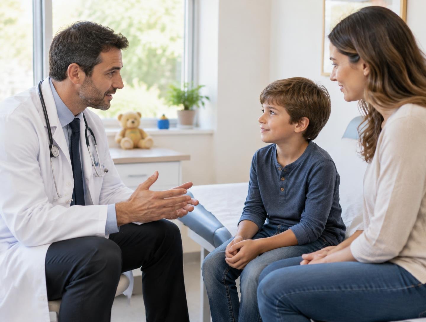 A pediatrician talking with a boy and his mother