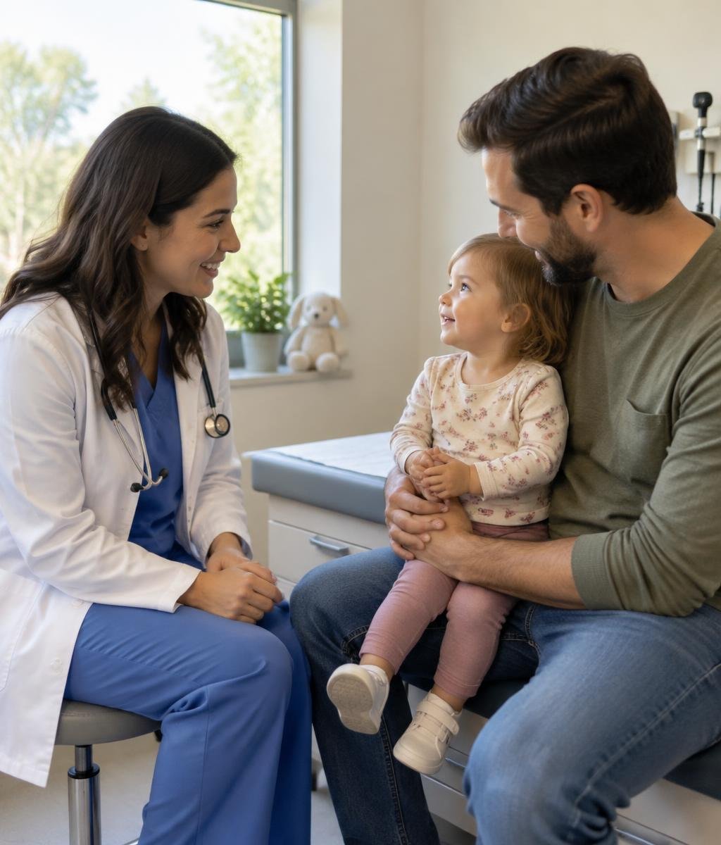 A nurse practitioner talking with a father holding a toddler