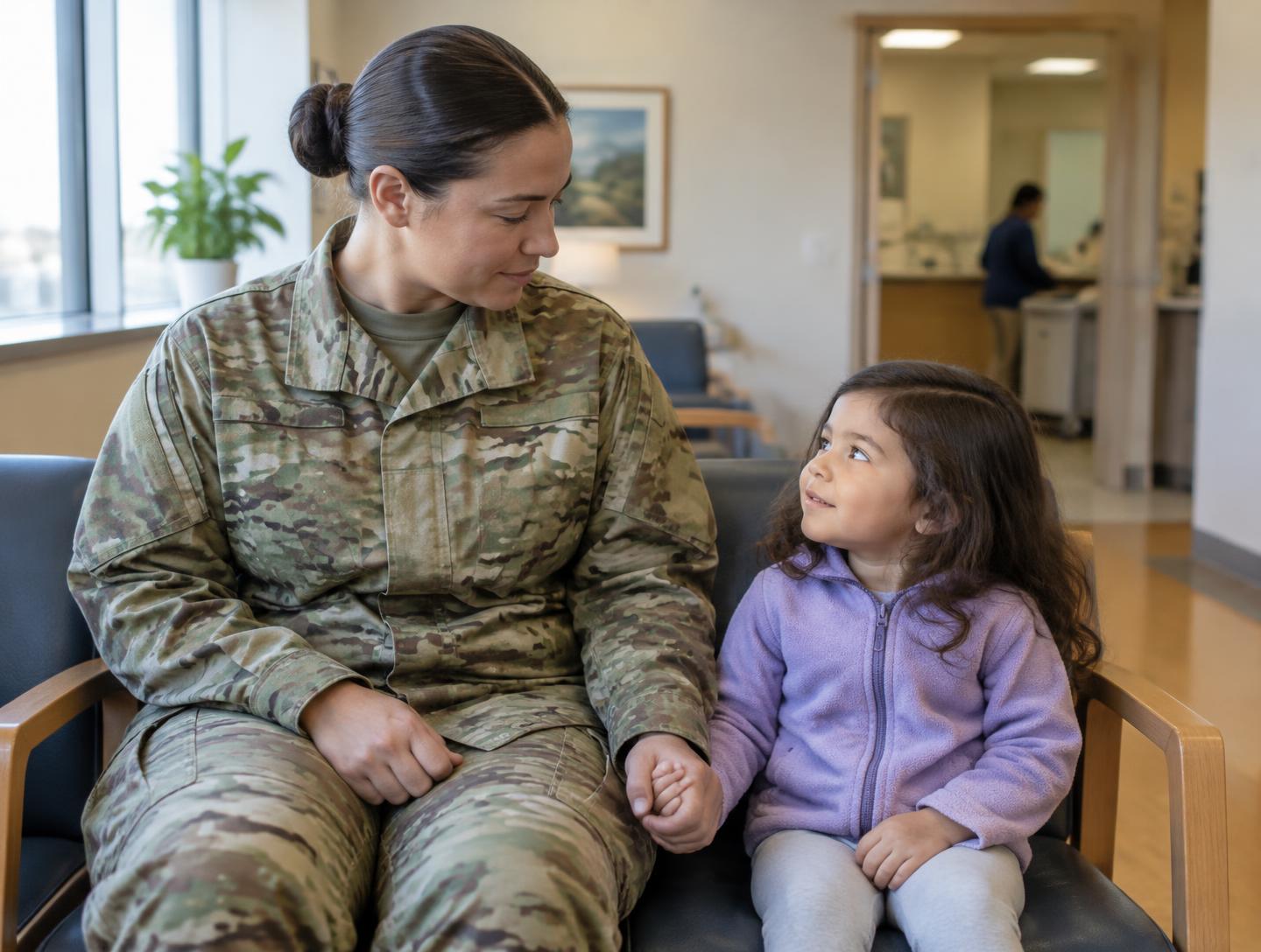 A parent in uniform holding a young child’s hand in a waiting area