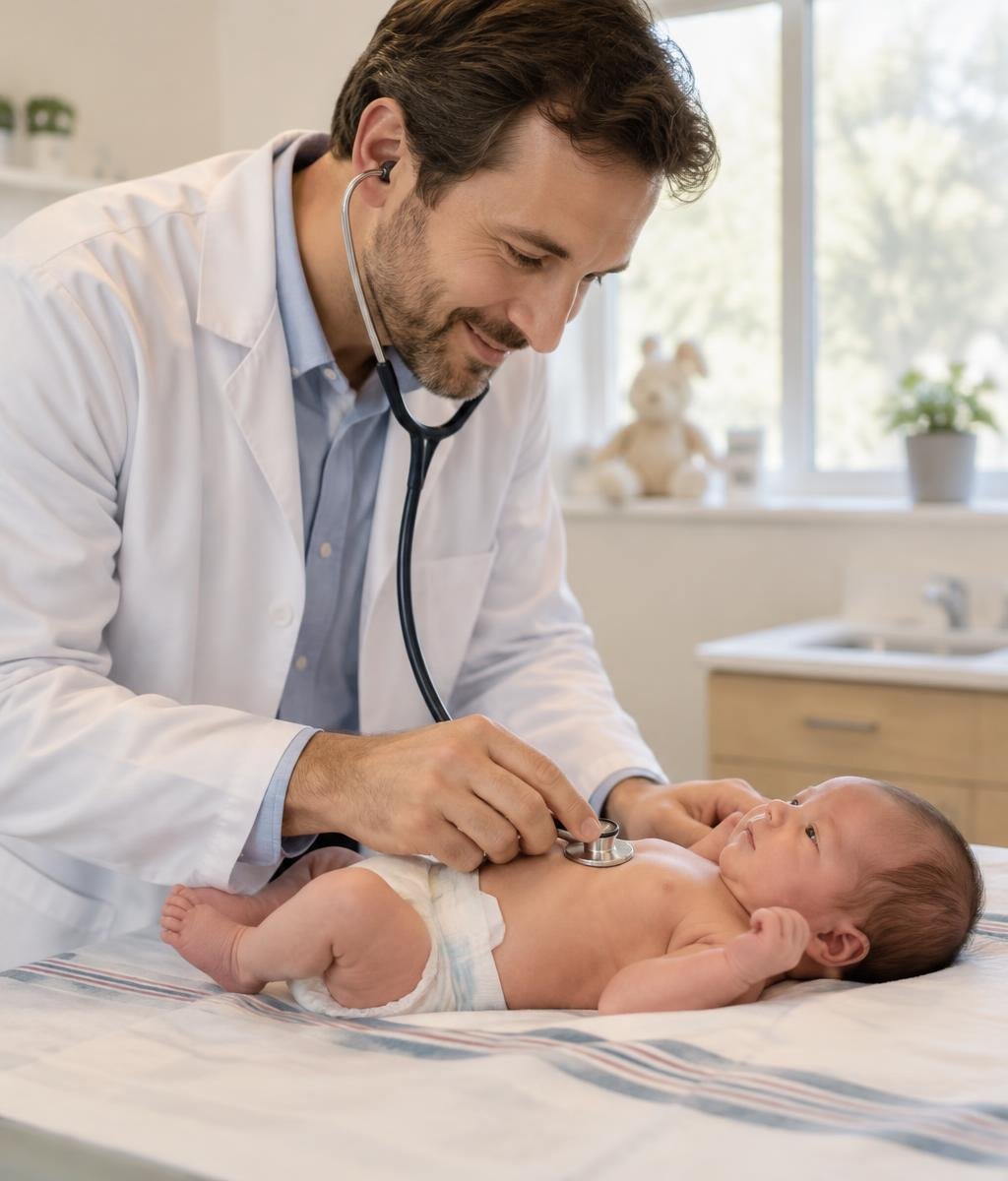 A pediatrician listening to a newborn with a stethoscope