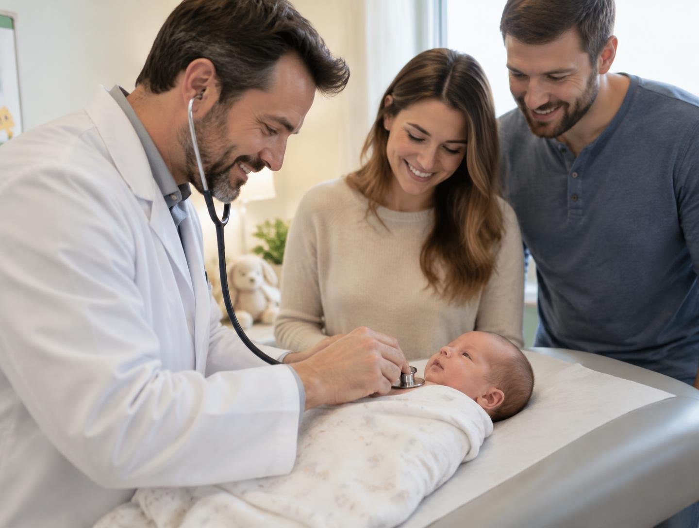 A pediatrician examining a baby as the parents look on