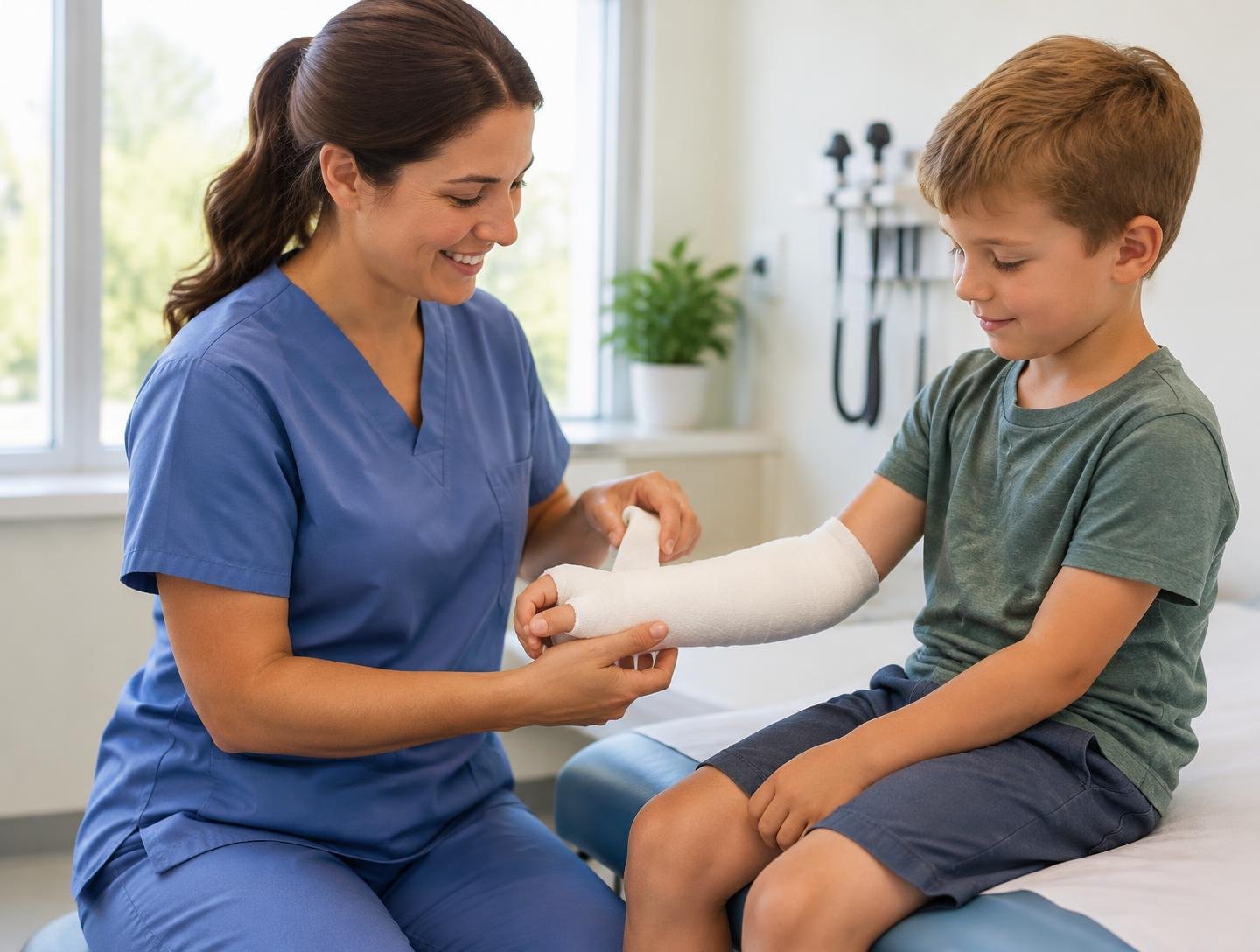 A nurse wrapping a soft cast on a boy’s forearm