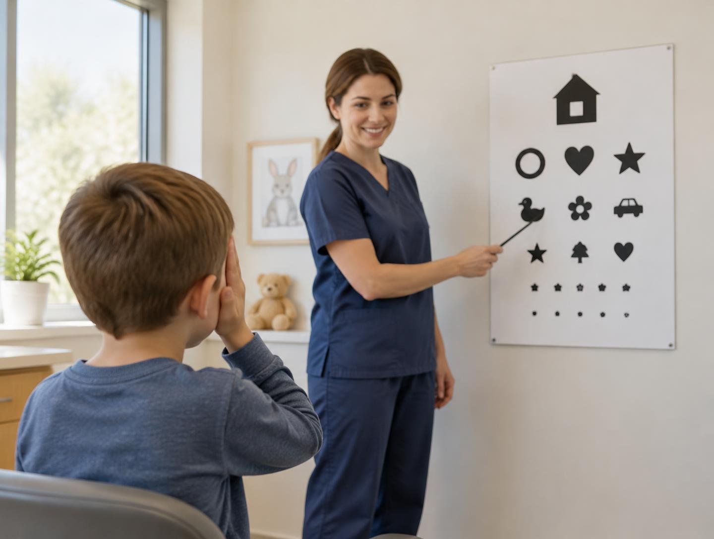A boy covering one eye in front of a picture eye chart