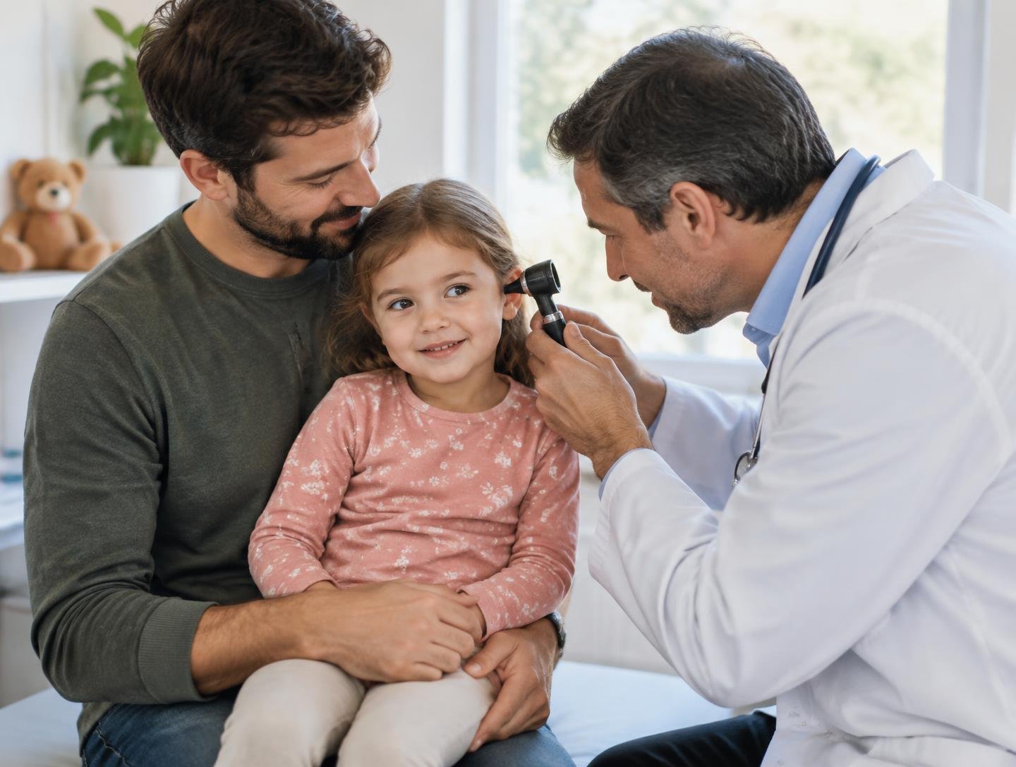 A pediatrician checking a girl’s ear as her father holds her