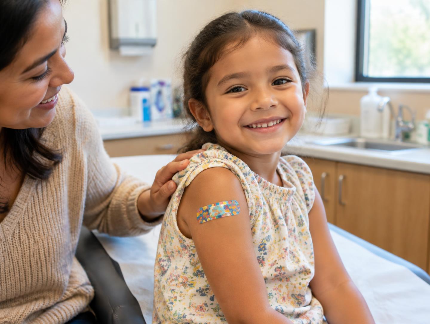 A smiling girl with a bandage on her arm and her mother’s hand on her shoulder