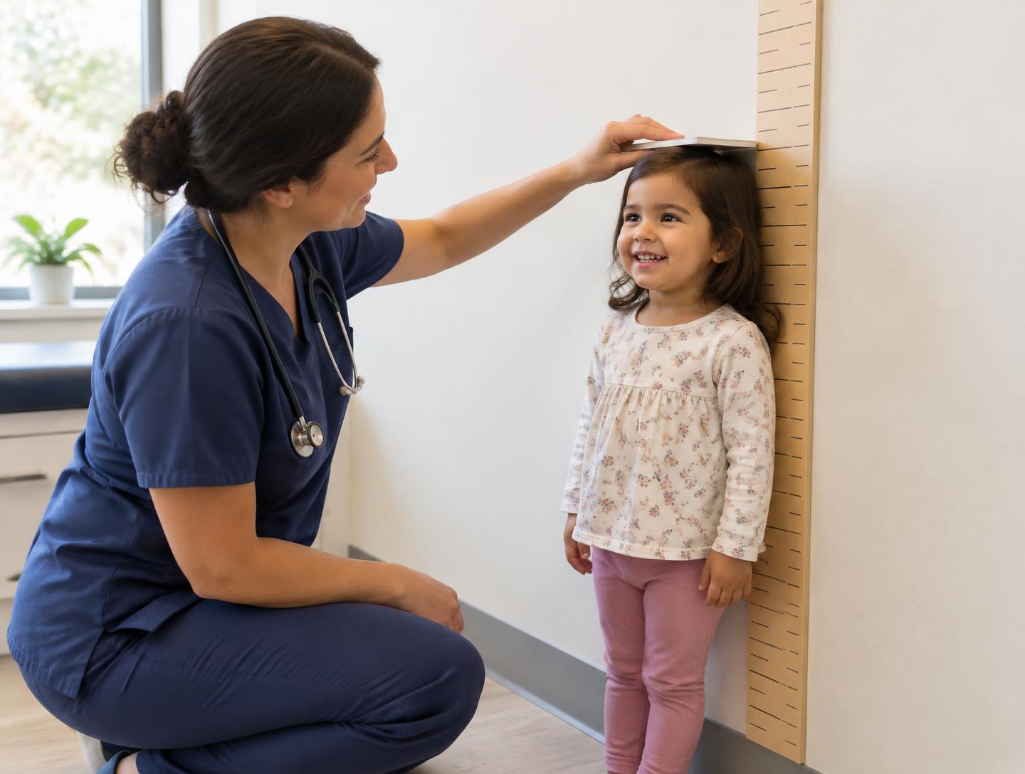 A provider measuring a smiling toddler’s height